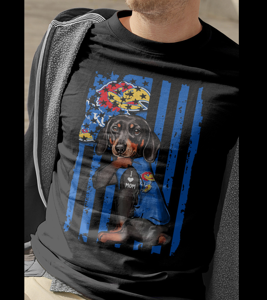 Dachshund I Love Mom Kansas Jayhawks Blue Stripes T-Shirt