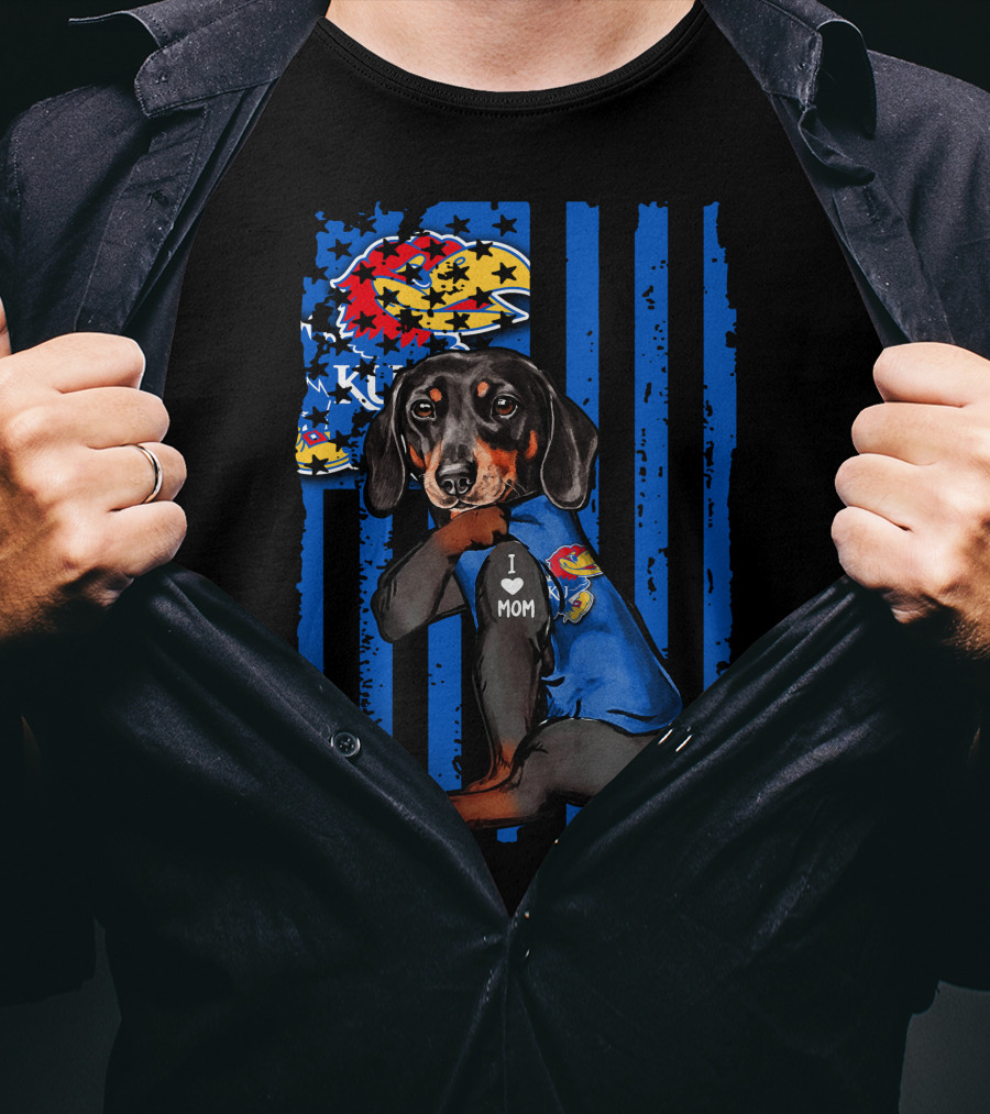 Dachshund I Love Mom Kansas Jayhawks Blue Stripes T-Shirt