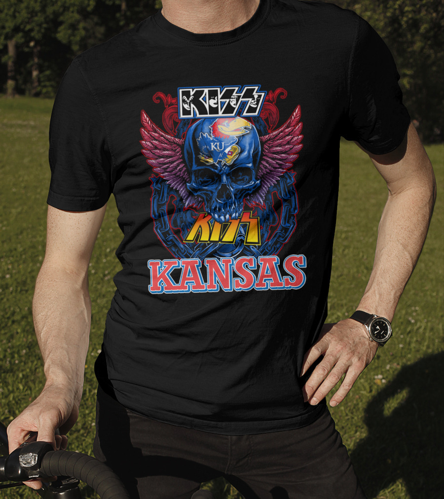 KISS Kansas Jayhawks Skull KU Winged Logo Chains T-Shirt