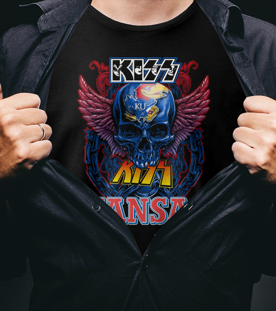 KISS Kansas Jayhawks Skull KU Winged Logo Chains T-Shirt