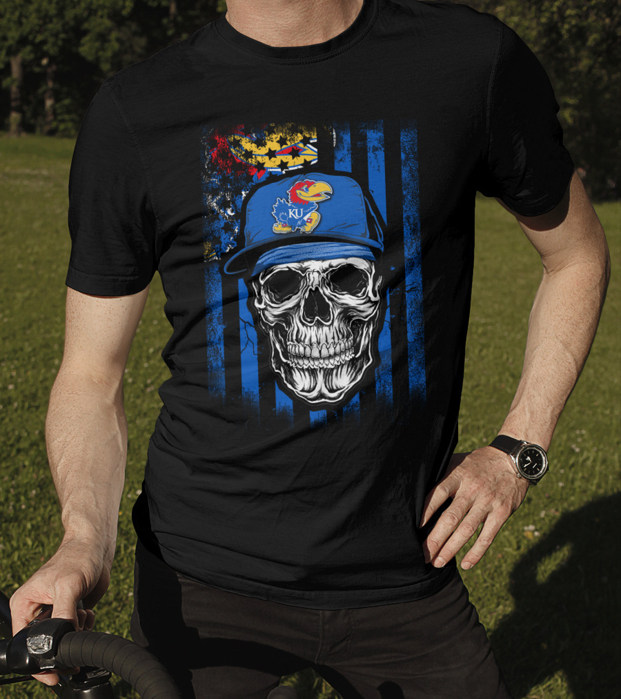 Skull Kansas Jayhawks KU Logo Hat Blue And Red Stripes T-Shirt