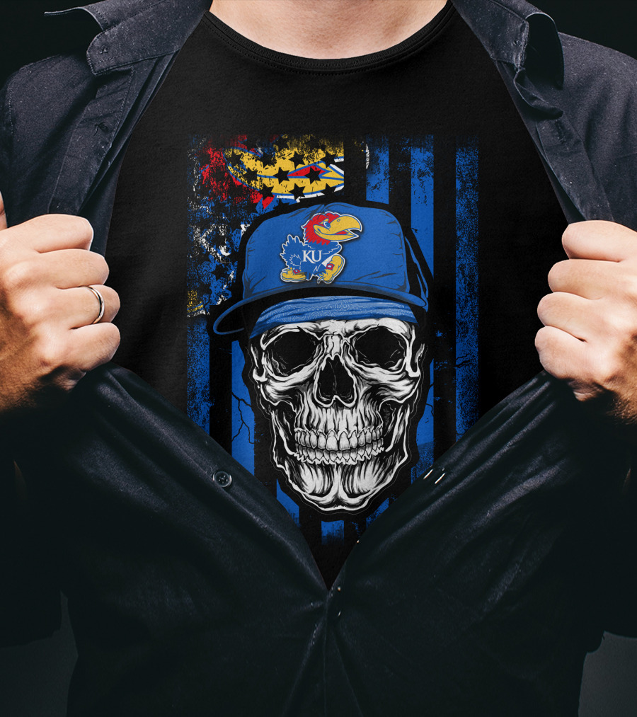 Skull Kansas Jayhawks KU Logo Hat Blue And Red Stripes T-Shirt