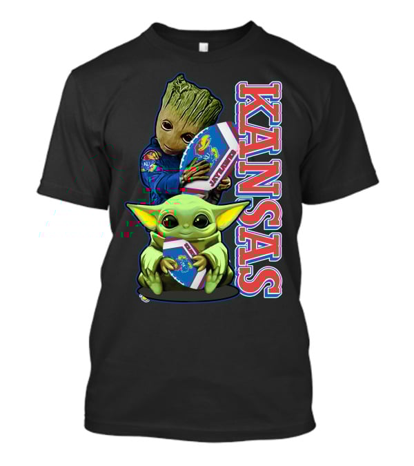 Kansas Jayhawks Groot Baby Yoda Football Hug T-Shirt
