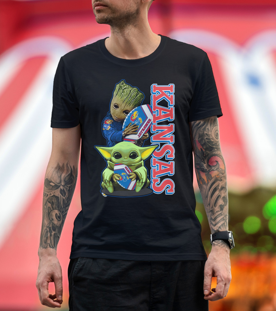 Kansas Jayhawks Groot Baby Yoda Football Hug T-Shirt