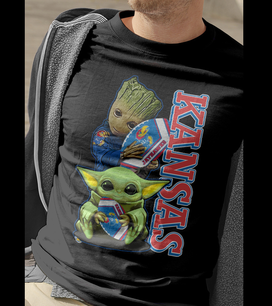 Kansas Jayhawks Groot Baby Yoda Football Hug T-Shirt