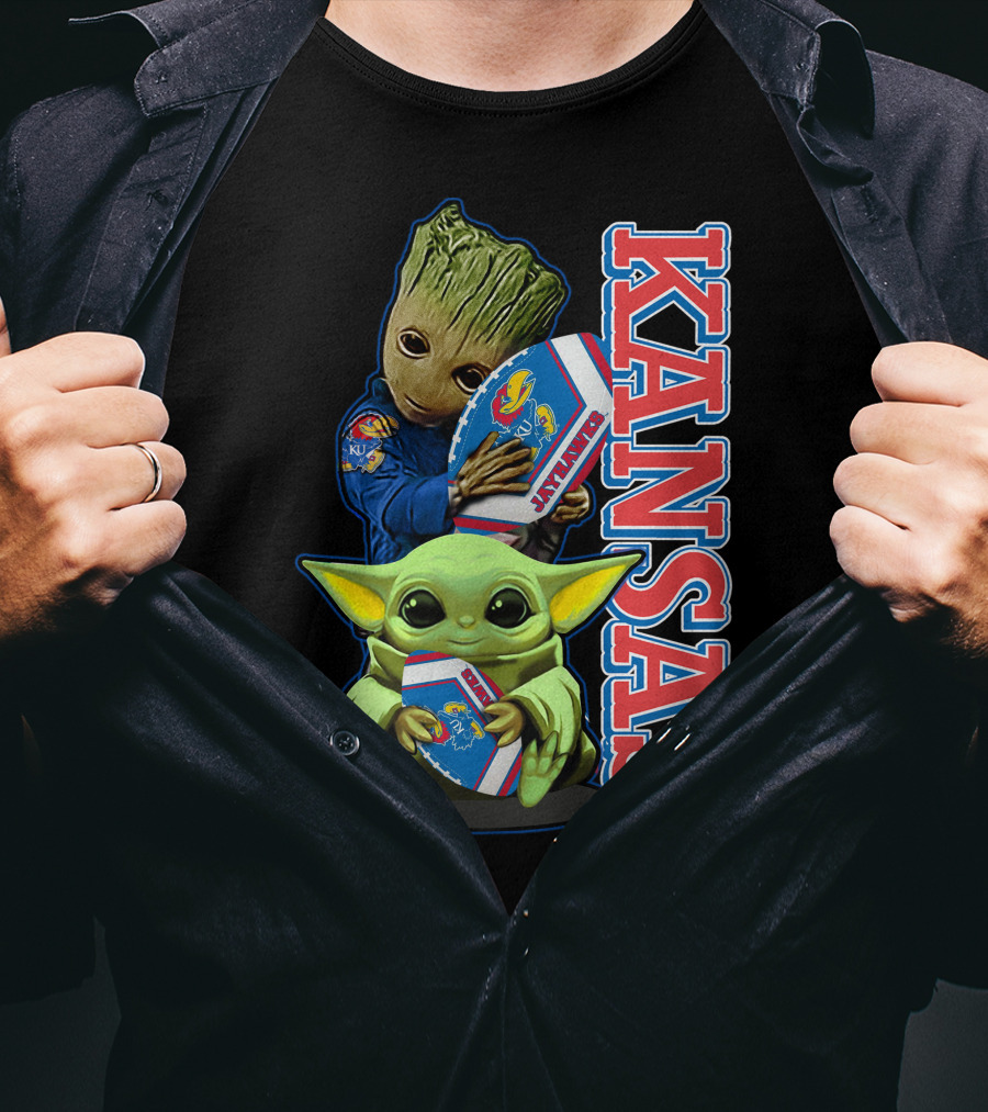 Kansas Jayhawks Groot Baby Yoda Football Hug T-Shirt