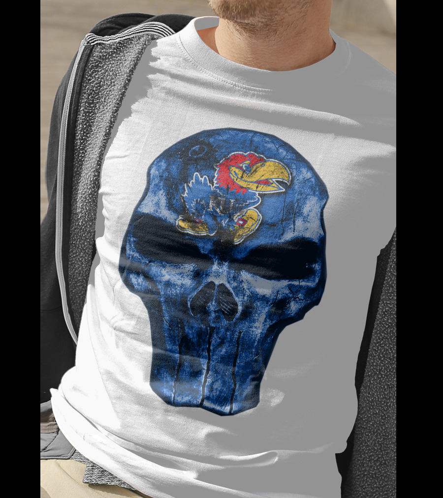 Kansas Jayhawks Logo On Blue Skull T-Shirt