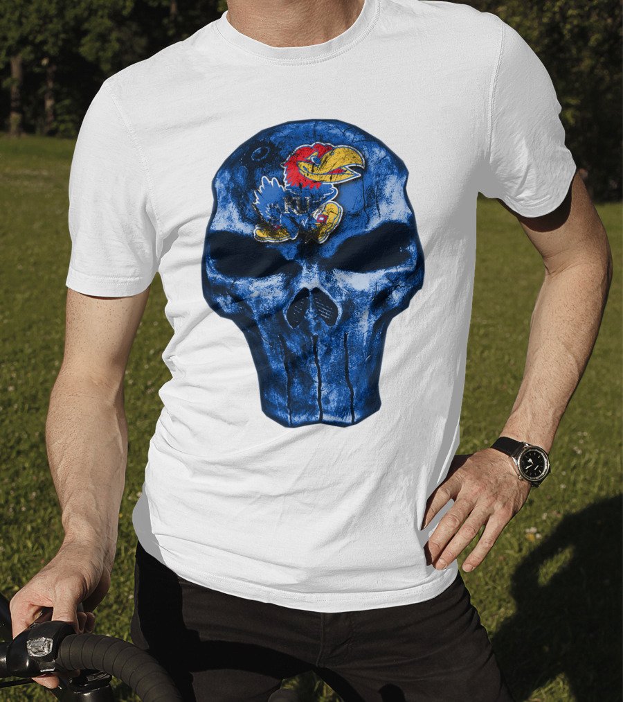 Kansas Jayhawks Logo On Blue Skull T-Shirt