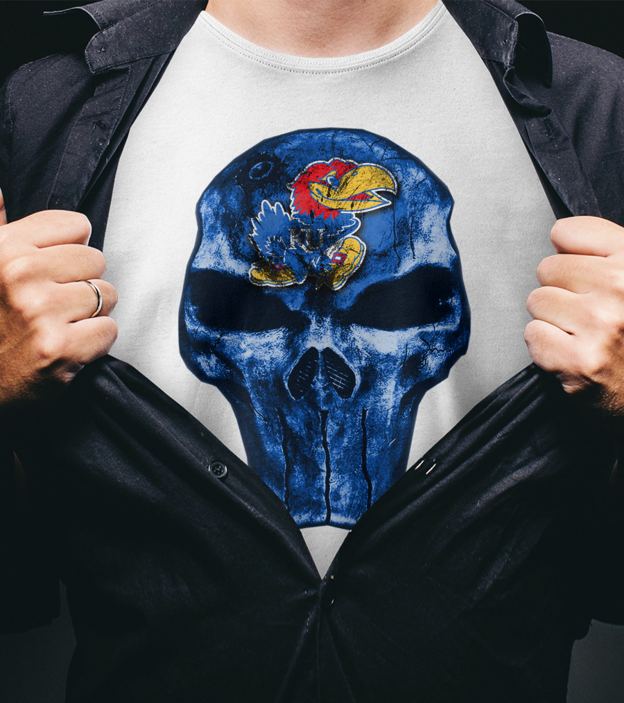 Kansas Jayhawks Logo On Blue Skull T-Shirt