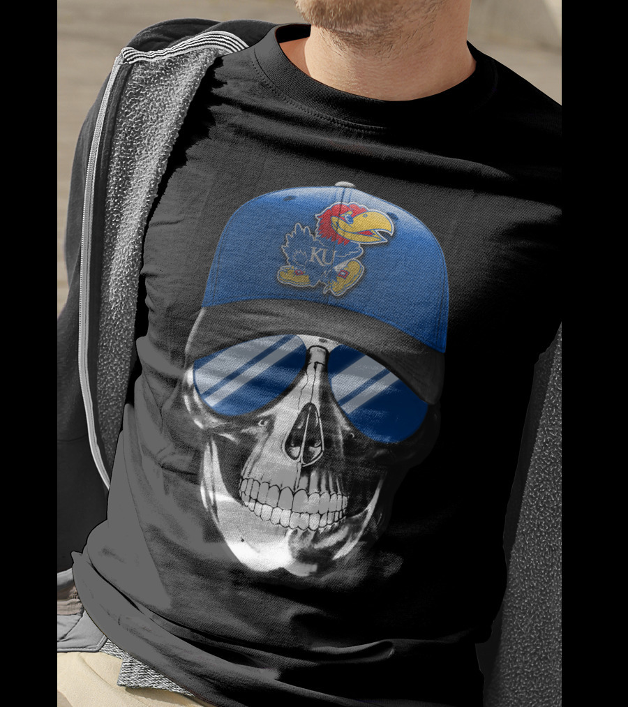 Kansas Jayhawks Skull With Blue Cap And Sunglasses T-Shirt