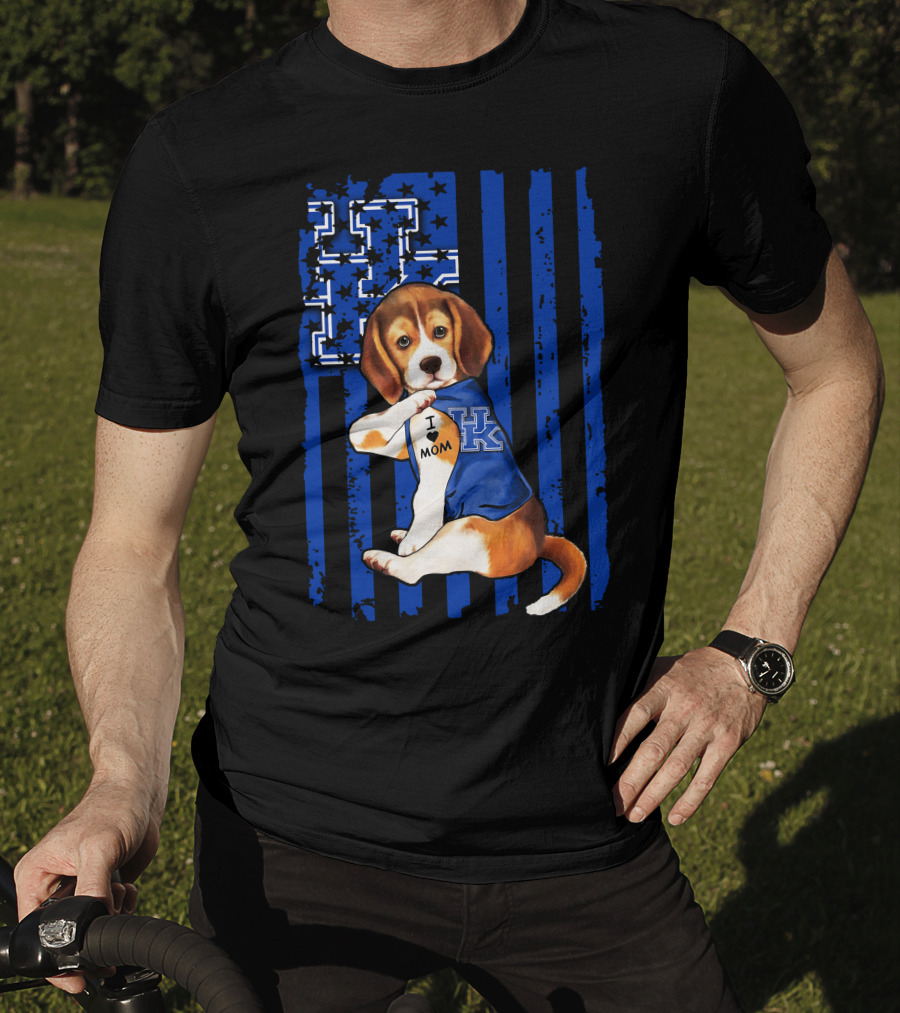 Beagle I Love Mom Kentucky Wildcats Blue Stars Stripes T-Shirt