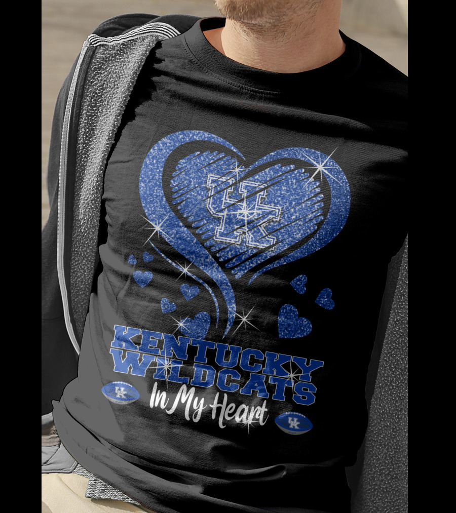 Kentucky Wildcats UK Logo In My Heart With Glittering Blue Hearts T-Shirt