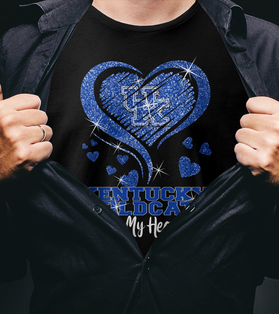 Kentucky Wildcats UK Logo In My Heart With Glittering Blue Hearts T-Shirt
