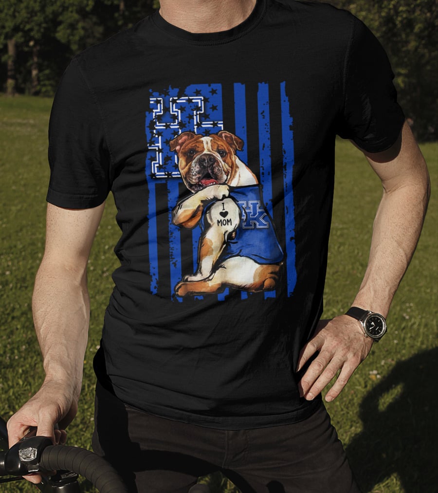 Bulldog Wearing Kentucky Wildcats Blue Jersey American Flag Background T-Shirt