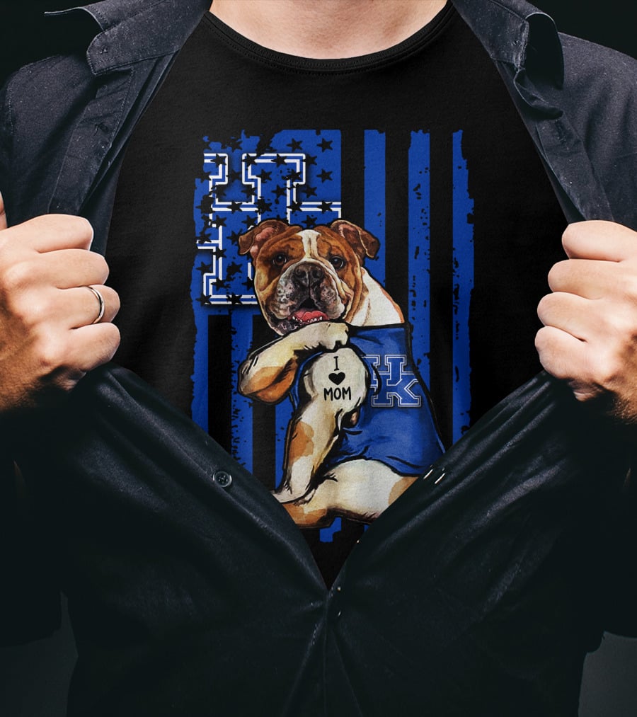 Bulldog Wearing Kentucky Wildcats Blue Jersey American Flag Background T-Shirt