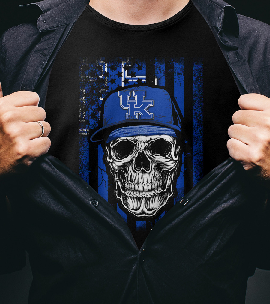 Kentucky Wildcats Skull With Blue Hat And Stripes T-Shirt