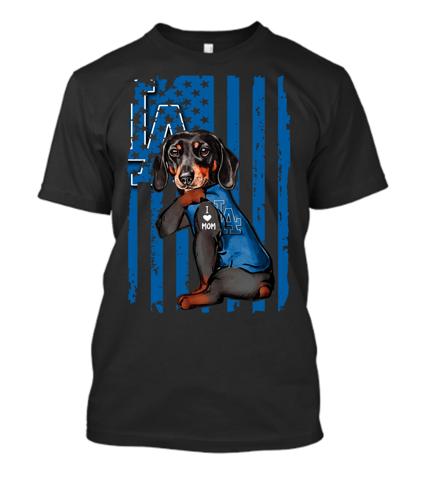 Dachshund I Love Mom LA Dodgers American Flag T-Shirt
