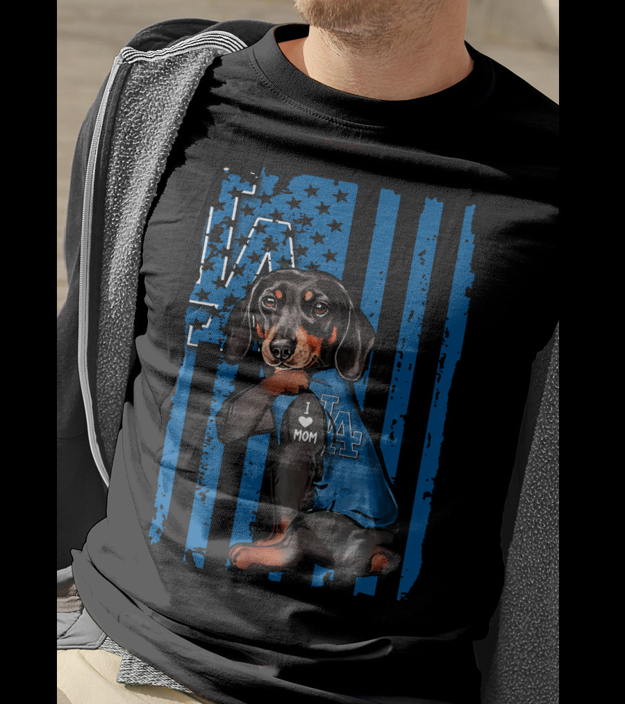 Dachshund I Love Mom LA Dodgers American Flag T-Shirt