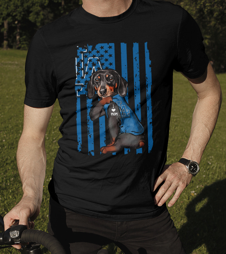 Dachshund I Love Mom LA Dodgers American Flag T-Shirt