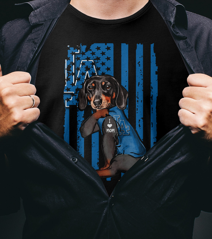 Dachshund I Love Mom LA Dodgers American Flag T-Shirt