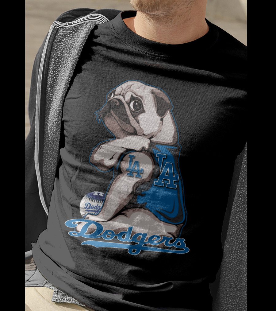 Pug Los Angeles Dodgers Mascot With Baseball And LA Insignia T-Shirt