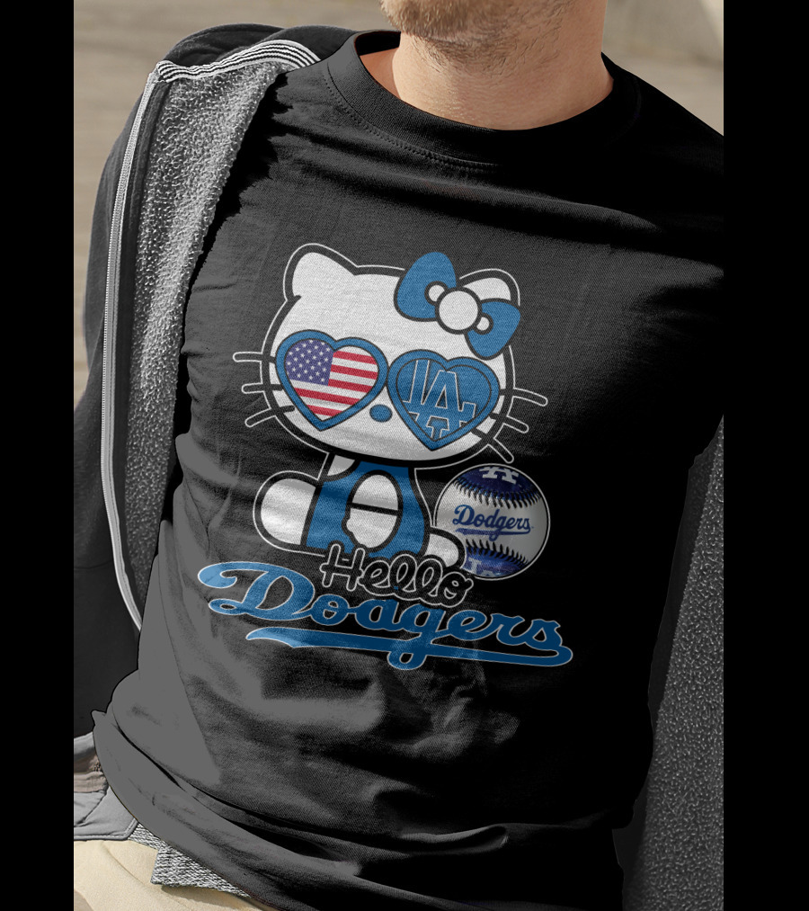 Hello Kitty Dodgers Los Angeles Baseball Heart USA Flag T-Shirt