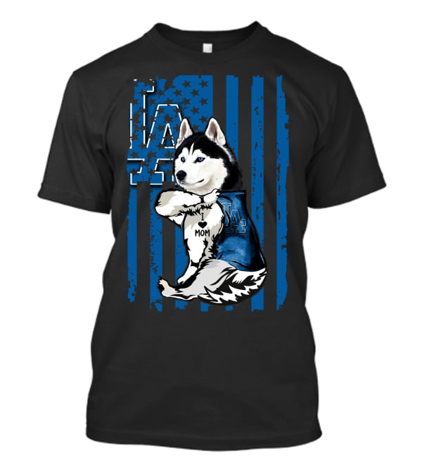 Siberian Husky LA Dodgers Blue American Flag Mom Tattoo T-Shirt