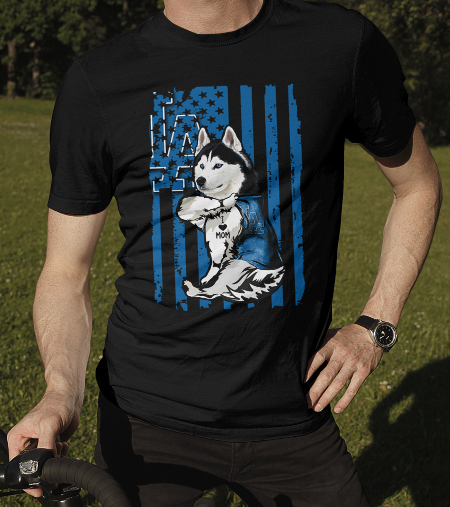 Siberian Husky LA Dodgers Blue American Flag Mom Tattoo T-Shirt