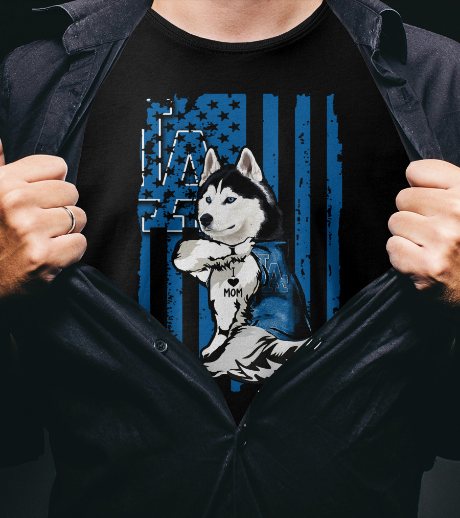 Siberian Husky LA Dodgers Blue American Flag Mom Tattoo T-Shirt