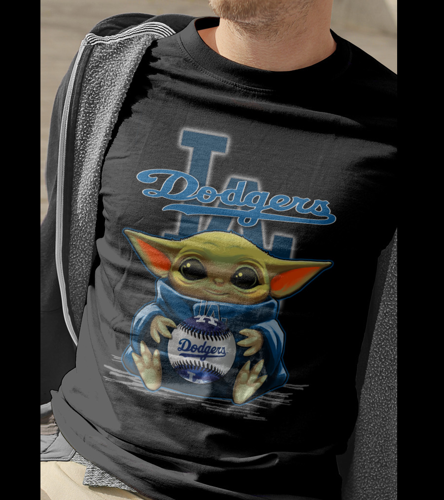 Yoda Holding Dodgers Baseball With Los Angeles Dodgers Logo Background T-Shirt