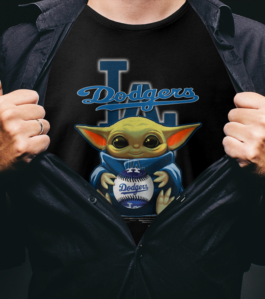 Yoda Holding Dodgers Baseball With Los Angeles Dodgers Logo Background T-Shirt