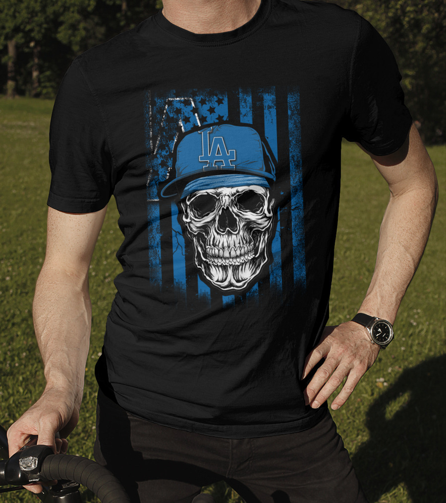 Skull Los Angeles Dodgers Baseball Cap Blue Stripes Stars T-Shirt