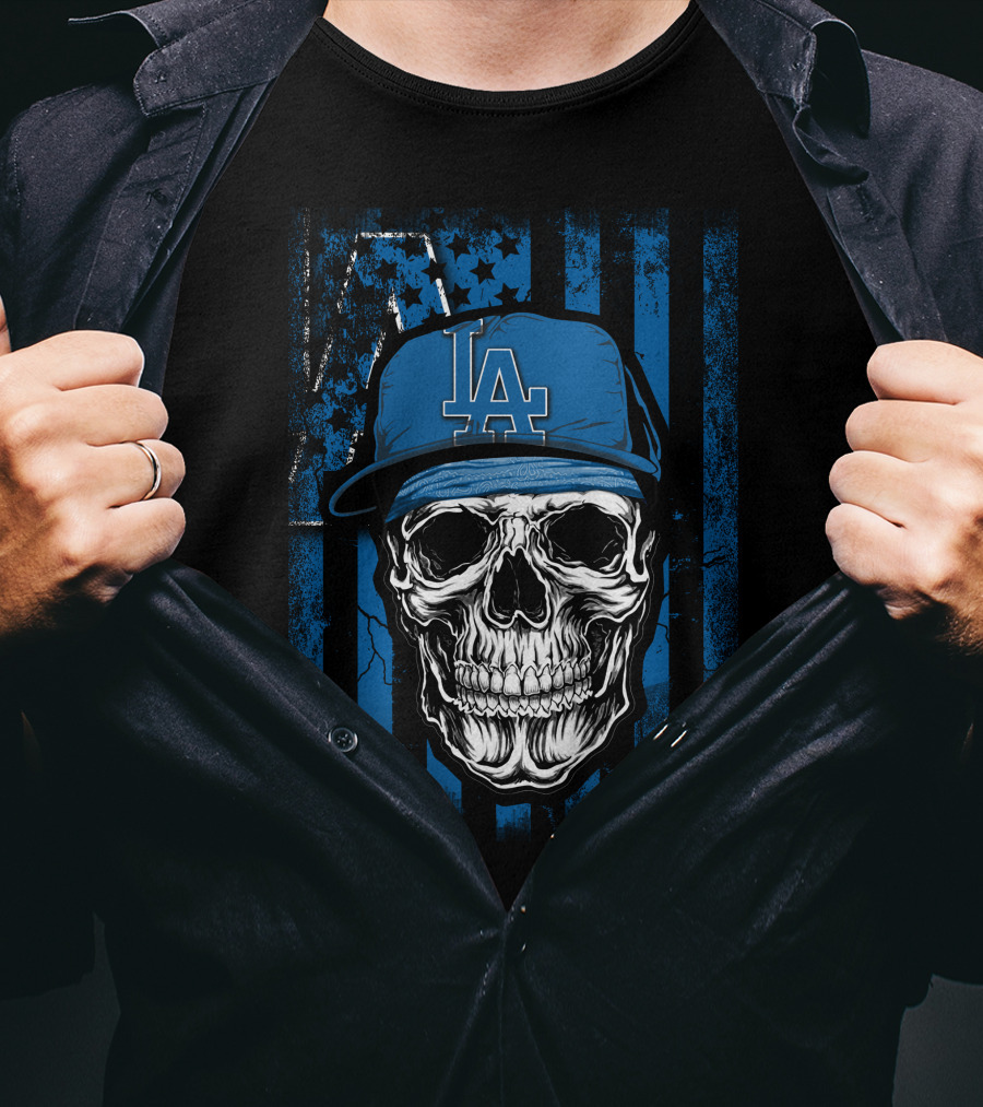 Skull Los Angeles Dodgers Baseball Cap Blue Stripes Stars T-Shirt