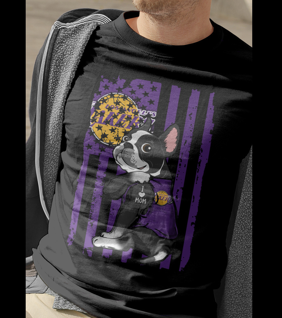 Boston Terrier I Love Mom Los Angeles Lakers Basketball T-Shirt