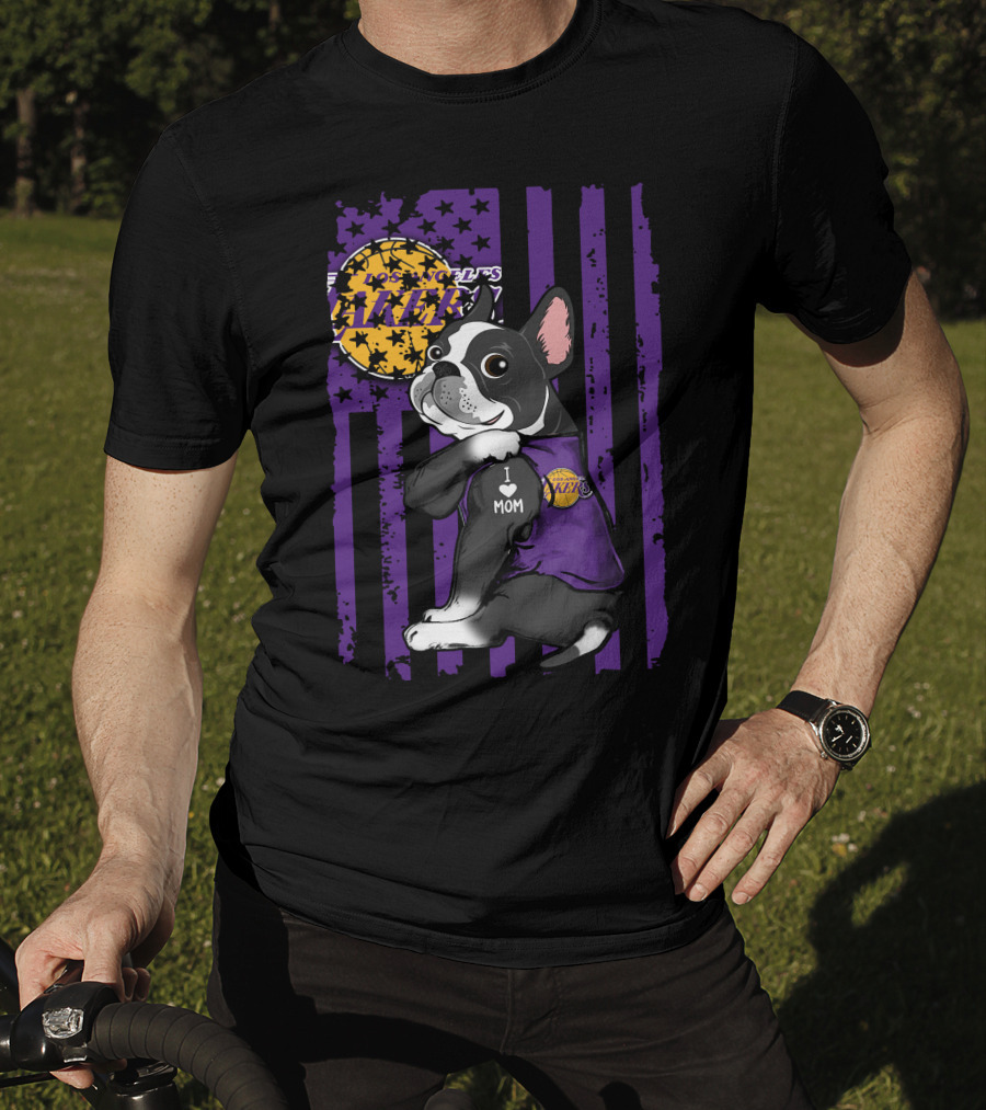 Boston Terrier I Love Mom Los Angeles Lakers Basketball T-Shirt