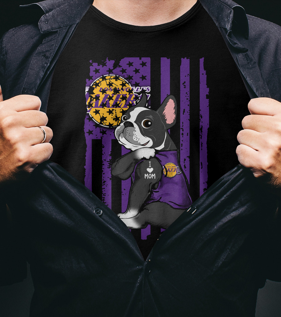 Boston Terrier I Love Mom Los Angeles Lakers Basketball T-Shirt