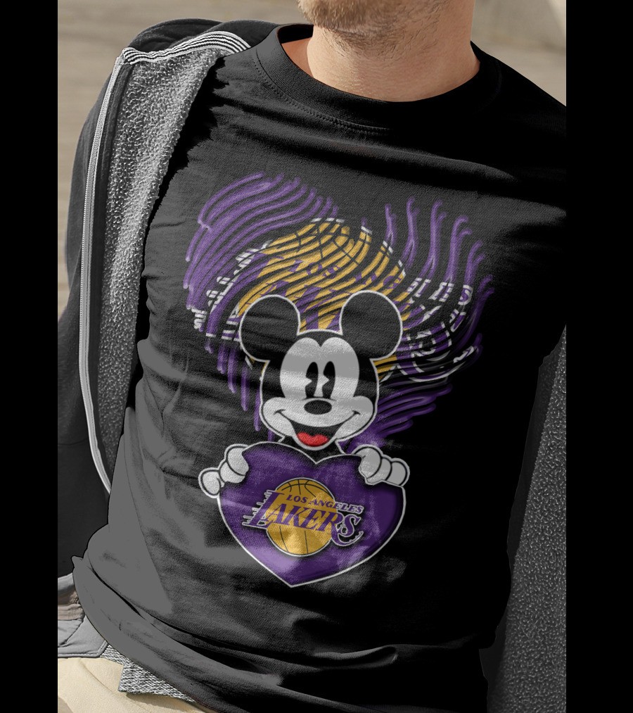 Mick Mouse Los Angeles Lakers Basketball Team Logo Handprint Heart T-Shirt