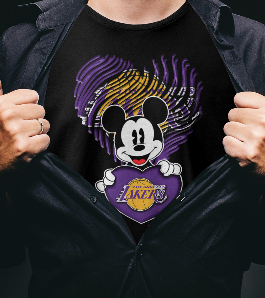 Mick Mouse Los Angeles Lakers Basketball Team Logo Handprint Heart T-Shirt