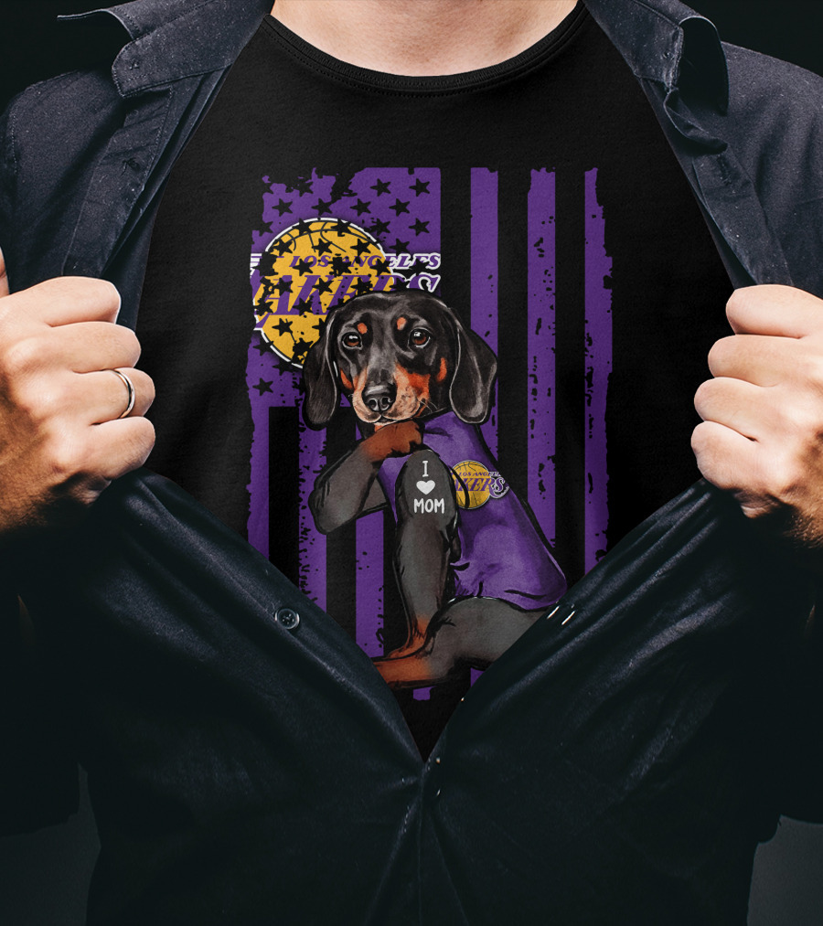 Dachshund I Love Mom Los Angeles Lakers Purple Basketball Team Fan T-Shirt