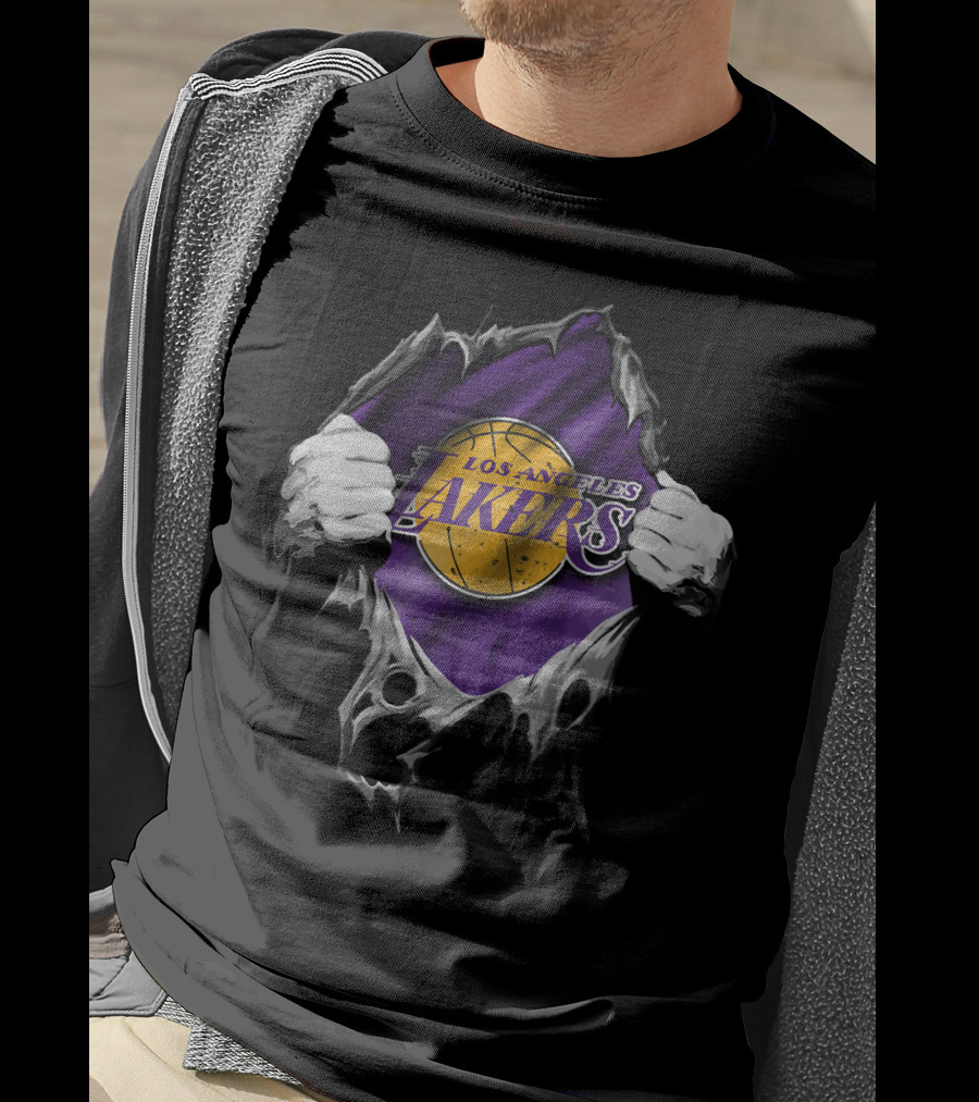 Torn Los Angeles Lakers Logo With Basketball And Hands T-Shirt