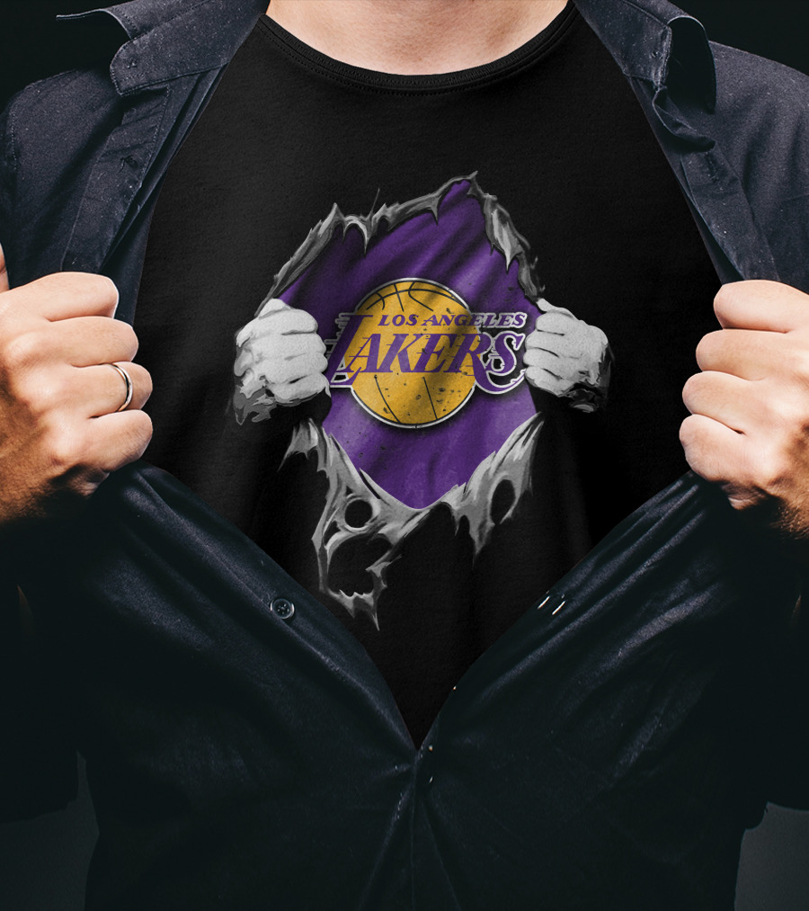 Torn Los Angeles Lakers Logo With Basketball And Hands T-Shirt