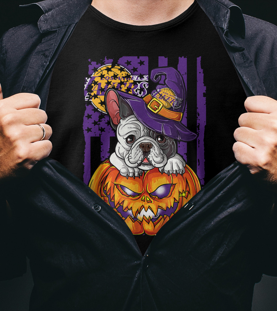 Hlw Bulldog Los Angeles Lakers Halloween Pumpkin Wizard Hat T-Shirt