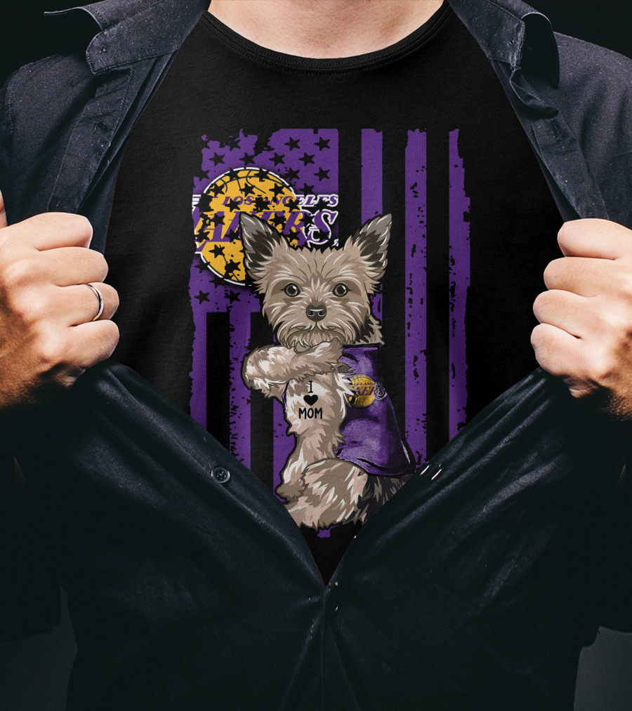 Yorkshire Terrier Los Angeles Lakers I Love Mom T-Shirt