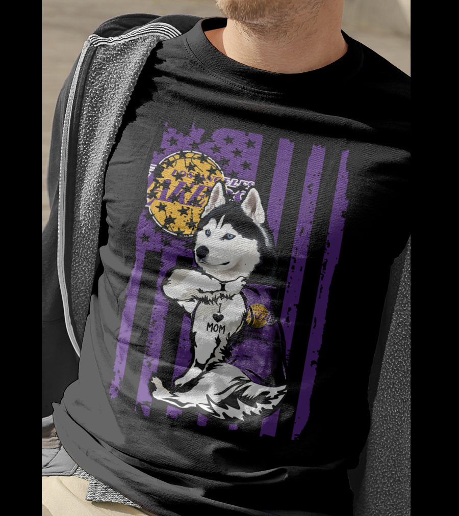 Siberian Husky Mom Los Angeles Lakers Fan With Purple American Flag Background T-Shirt