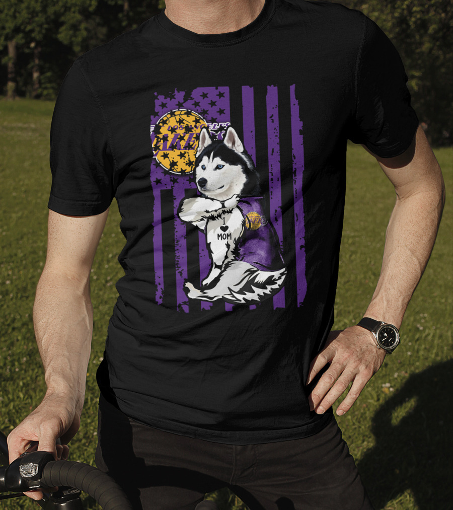 Siberian Husky Mom Los Angeles Lakers Fan With Purple American Flag Background T-Shirt