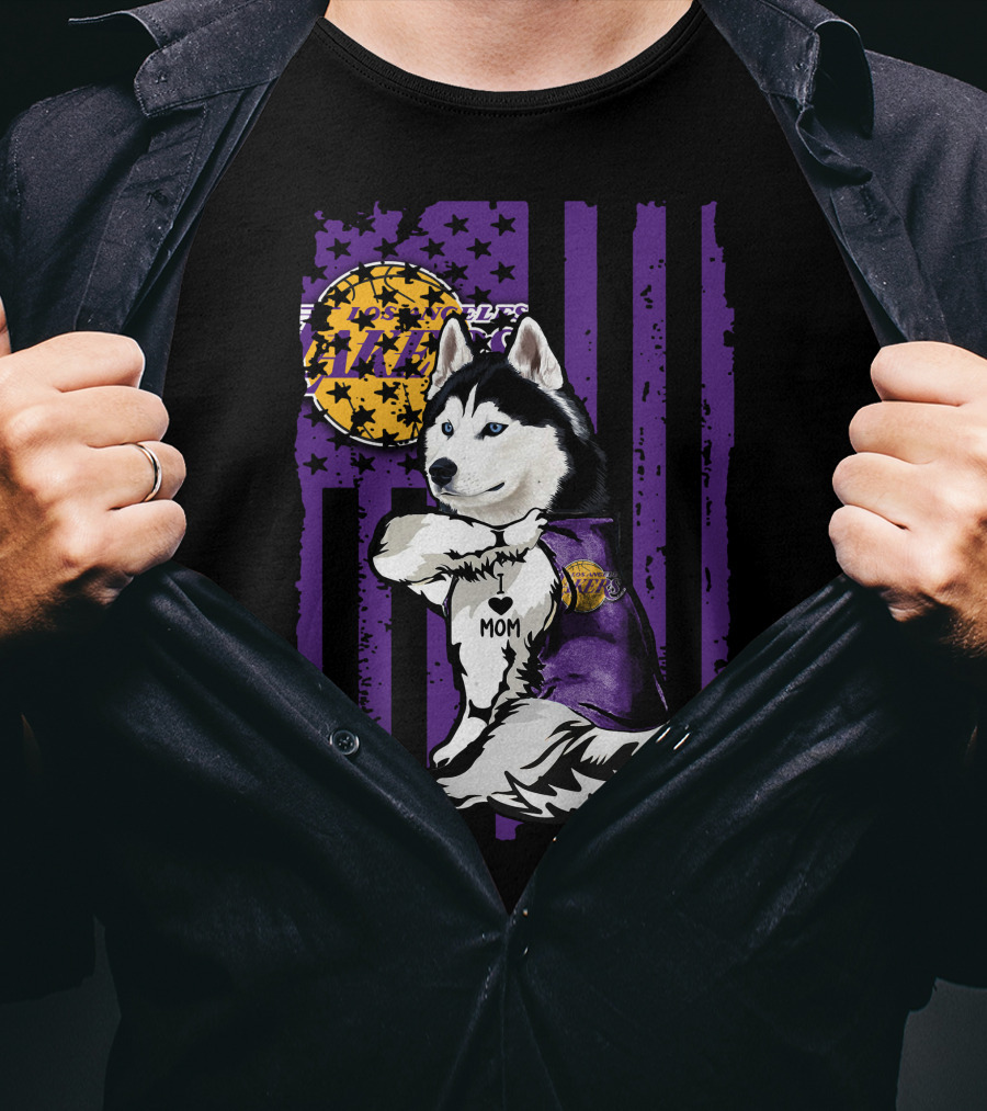 Siberian Husky Mom Los Angeles Lakers Fan With Purple American Flag Background T-Shirt