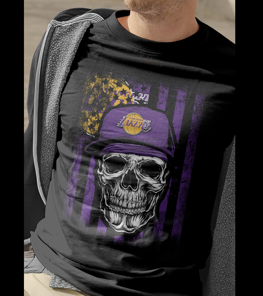 Los Angeles Lakers Skull Cap Bold Gothic T-Shirt