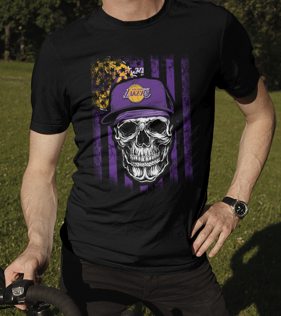 Los Angeles Lakers Skull Cap Bold Gothic T-Shirt