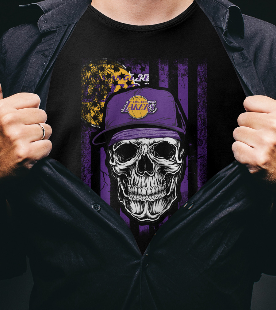 Los Angeles Lakers Skull Cap Bold Gothic T-Shirt