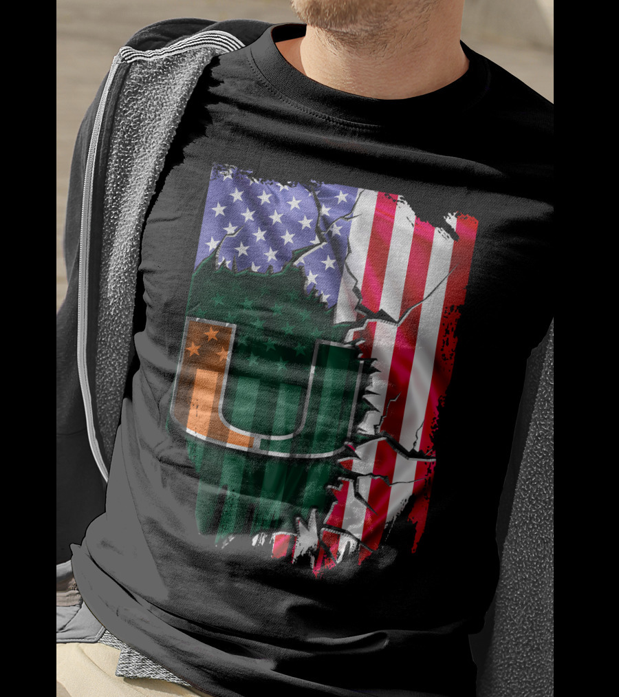Flag Miami Hurricanes University U Patriotic USA Flag T-Shirt